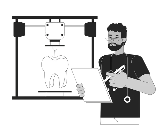 3 D Printing Of Human Tooth Black And White Cartoon Flat Illustration Dental Printer Orthodontist 2 D Lineart Character Isolated Biomimetic Restorative Dentistry Monochrome Scene Vector Outline Image Illustration