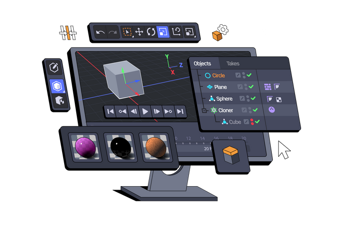 3D Software Suite Interface displayed on a Computer monitor  Illustration