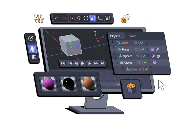 컴퓨터 모니터에 표시되는 3D 소프트웨어 제품군 인터페이스  일러스트레이션