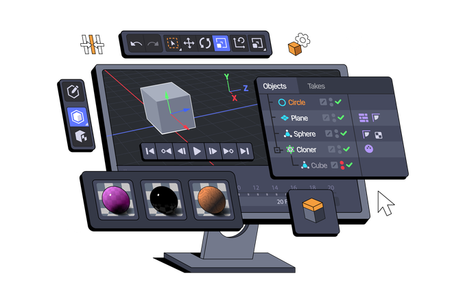 3D Software Suite Interface displayed on a Computer monitor  Illustration