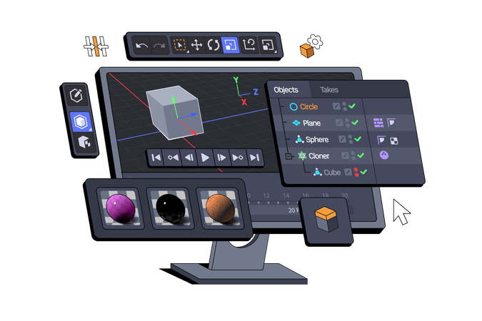 Interface do conjunto de software 3D exibida em um monitor de computador  Ilustração
