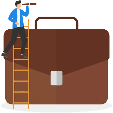 Businessmen Climb Up On Briefcase See Through Binoculars Career Future Or Search For A Career Path Business Strategy Flat Vector Illustration Illustration