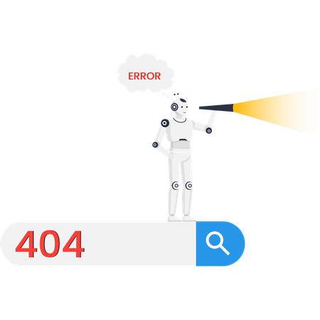 404 Error page not found  with robot searching on a web search bar  Illustration