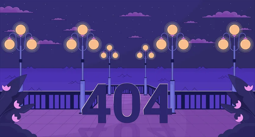 Night Waterfront Streetlights Error 404 Flash Message City Quay Lampposts Website Landing Page Ui Design Not Found Cartoon Image Dreamy Vibes Vector Flat Illustration With 90 S Retro Background Illustration