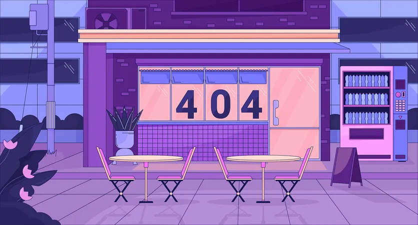 Urban Storefront At Night Error 404 Flash Message Exterior Store Automat Website Landing Page Ui Design Not Found Cartoon Image Dreamy Vibes Vector Flat Illustration With 90 S Retro Background Illustration