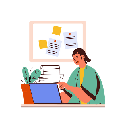 ノートパソコンで作業する女性  イラスト