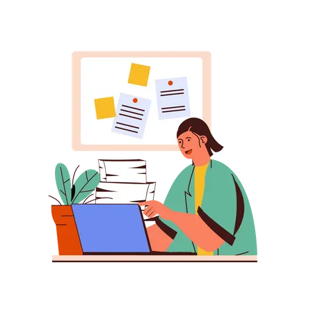 ノートパソコンで作業する女性  イラスト
