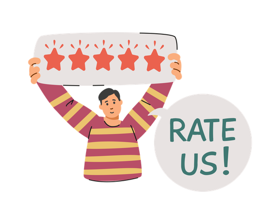 5-star review placard and inscription "Rate us!"  Illustration