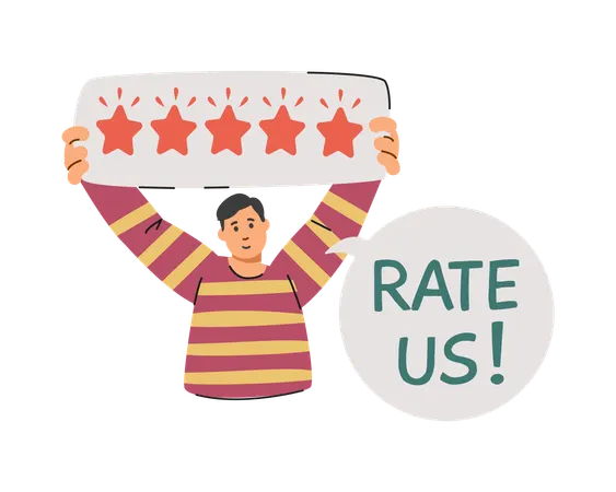 5-star review placard and inscription "Rate us!"  Illustration