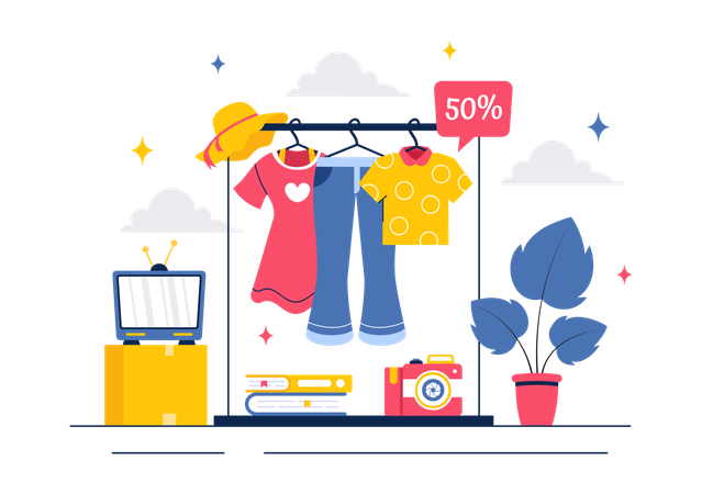 50% percent offer on clothes stall in Flea market  Illustration