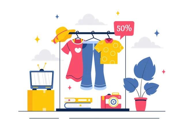 50% percent offer on clothes stall in Flea market  Illustration