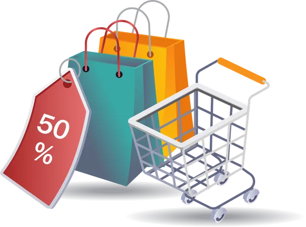 50 por ciento de descuento en compras en línea  Ilustración