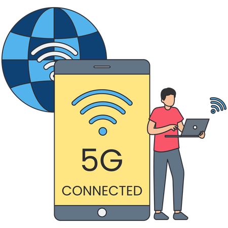 5G 무선 기술을 사용하는 남자  일러스트레이션