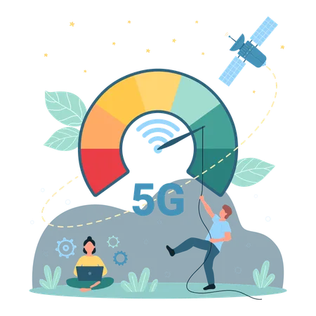 Cartoon Tiny Man Pushing Arrow On Speed Meter To Reduce Latency Of Broadcast Signal Wifi Waves Woman Using Laptop 5 G Network Broadband Internet Connection Speed Increase Dark Vector Illustration イラスト
