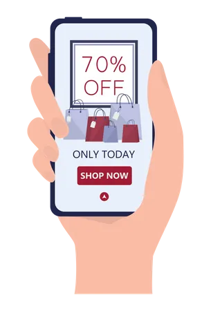 Online Shopping Using Devices Mobile Marketing And PPC Technology Hand Holding A Smartphone With Sale Advertisment Isolated Flat Vector Illustration Illustration