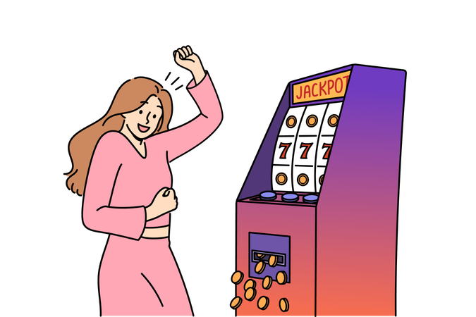 女性がスロットマシンでジャックポットを獲得し、画面に777が表示されカジノで運試しを祝った  イラスト