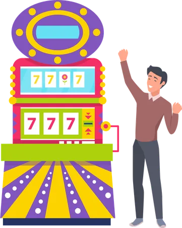 Smiling Happy Man Winning Game Machine 777 Jackpot Icons Gamer Male Playing Gambling Computer Colorful Casino Equipment Person Success Vector Illustration