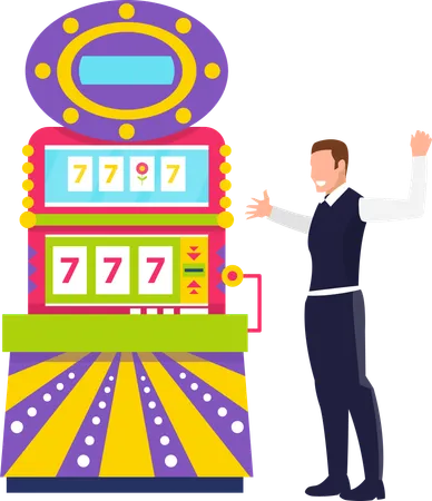 Gambler Man Game Machine With 777 Icons Player Success Colorful Gambling Equipment With Joystick Lucky Male Character Smiling Winner Casino Vector Illustration