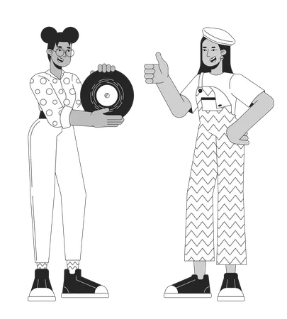 Showing Off Phonograph Record Black And White Cartoon Flat Illustration 80 S Lovers Friends Diverse 2 D Lineart Characters Isolated Approval Thumb Up Nostalgia Monochrome Scene Vector Outline Image Illustration