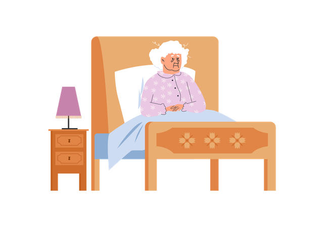 A avó está sentada na cama e não consegue dormir  Ilustração