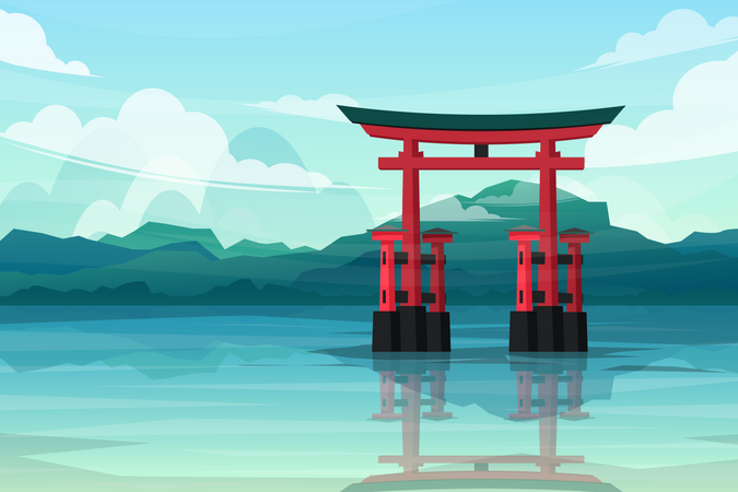 Beira do lago com portões torii no Japão  Ilustração
