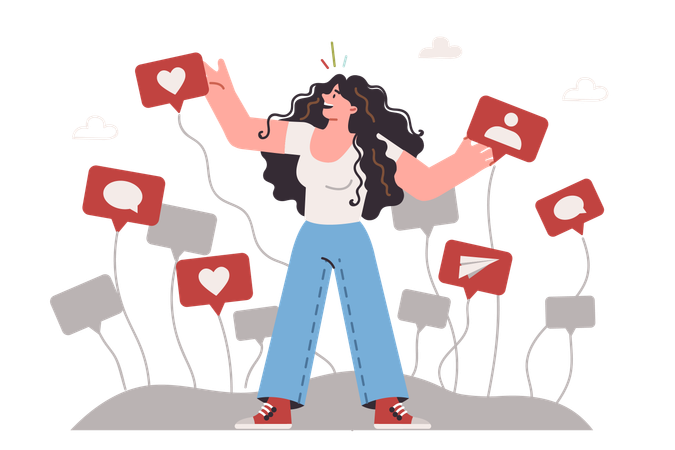 A blogueira usa SMM e recebe feedback positivo, posicionando-se entre ícones de curtir e comentar  Illustration