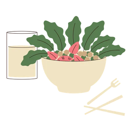 A bowl of salad and a glass of water  イラスト
