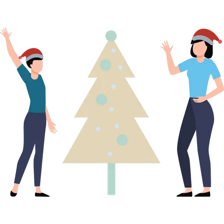 A boy and a girl are decorating a Christmas tree  Illustration