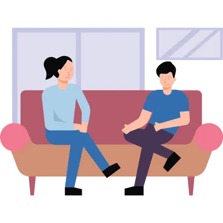 A boy and a girl are sitting on a sofa  Illustration