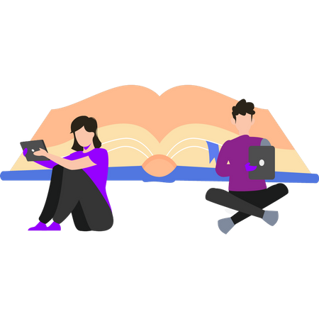 A boy and a girl are using tabs  Illustration