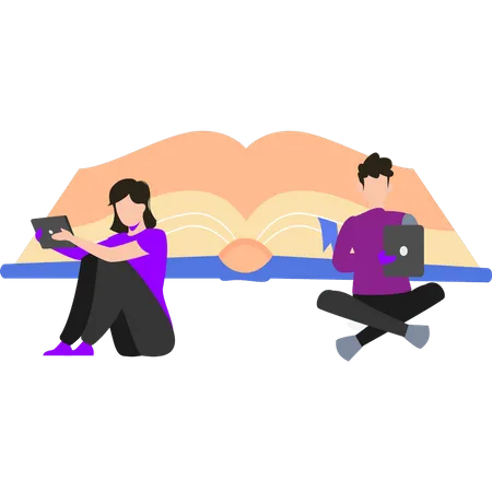 A boy and a girl are using tabs  Illustration