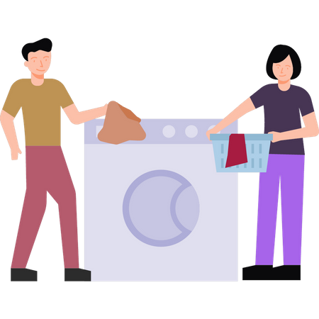 A boy and a girl are washing clothes Illustration