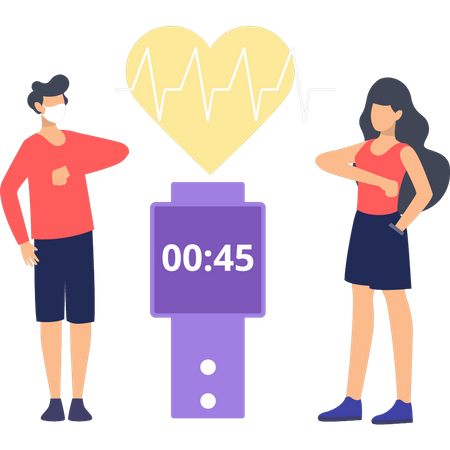 A boy and a girl are wearing a health watch  イラスト