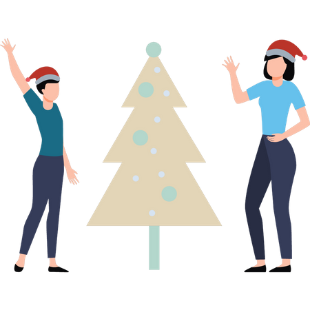 A boy and a girl are decorating a Christmas tree  Illustration