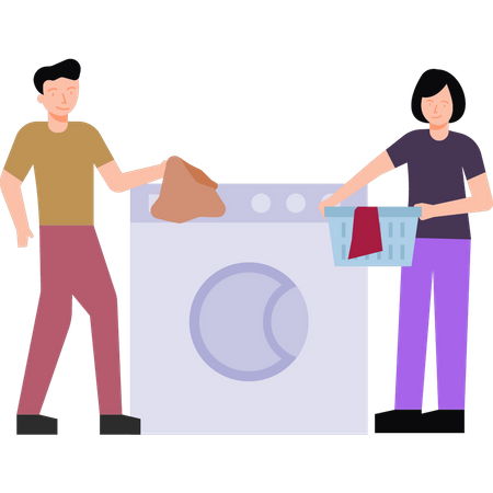 A boy and a girl are washing clothes  Illustration