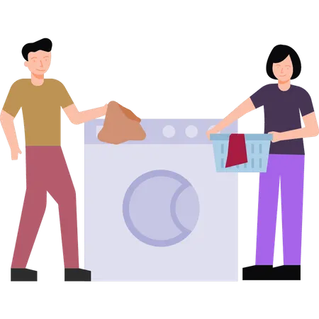 A boy and a girl are washing clothes  Illustration