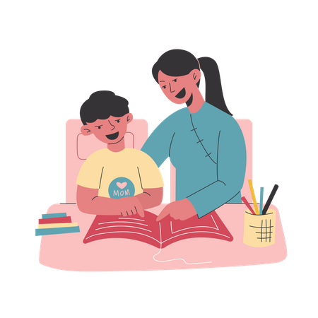 A Boy and His Mom are Studying Together  Illustration