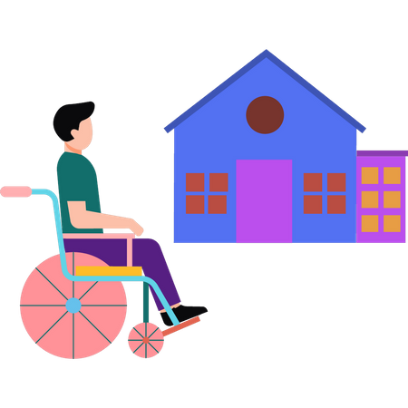 A boy in a wheelchair is outside the house  Illustration