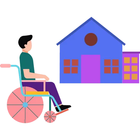 A boy in a wheelchair is outside the house  Illustration