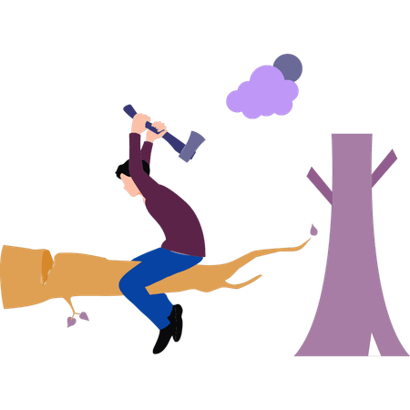 A boy is chopping a tree with an axe  Illustration