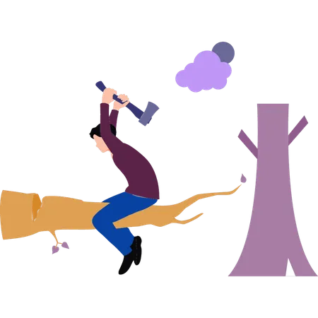 A boy is chopping a tree with an axe  Illustration