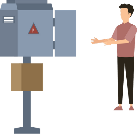 A boy is standing next to an electrical box  Illustration