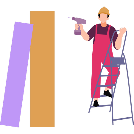 A boy is standing on a ladder holding a drill machine  Illustration