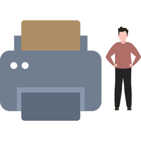 A boy standing by a printer  Illustration
