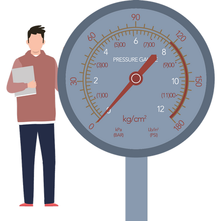 A boy standing next to a speedometer  Illustration