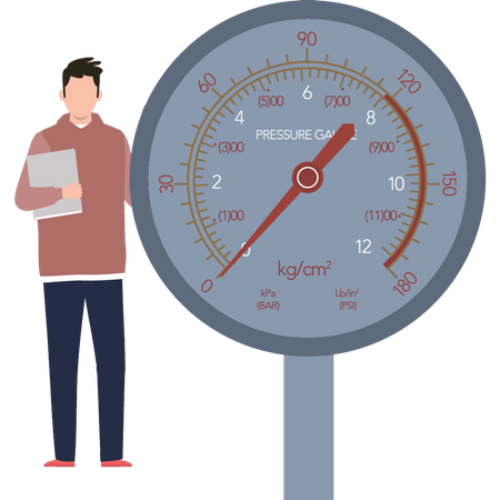 A boy standing next to a speedometer  Illustration