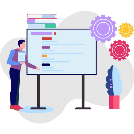 A boy stands by a board  Illustration