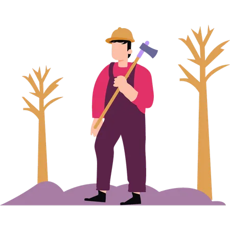 A boy stands holding an axe  Illustration