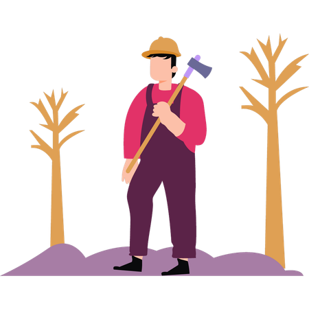 A boy stands holding an axe  Illustration