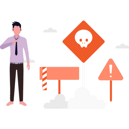 A boy stands next to a warning board  Illustration